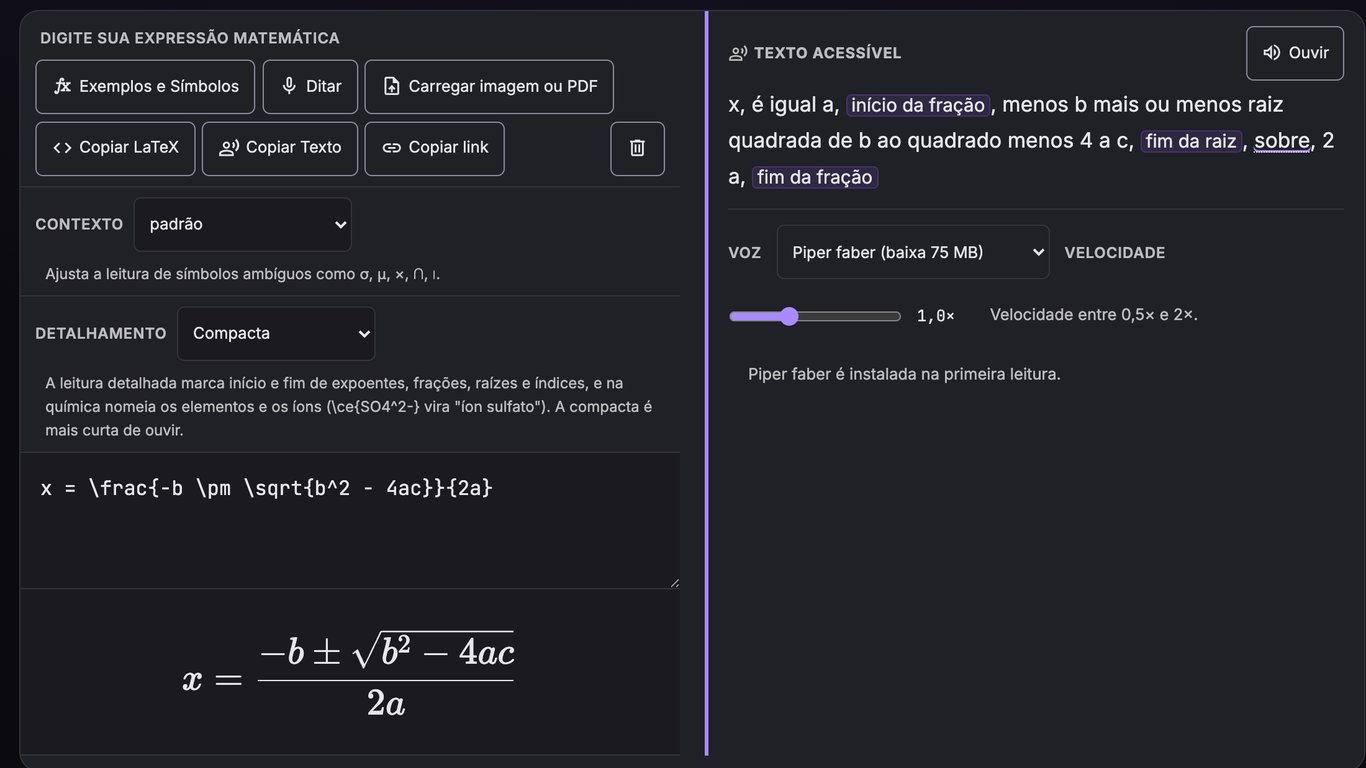 A bancada da Fala Fórmula: à esquerda, o campo com a fórmula de Bhaskara escrita em LaTeX; à direita, a mesma fórmula por extenso, como é lida em voz alta.