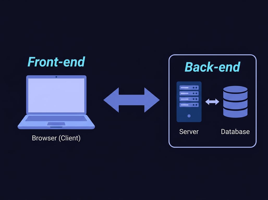 Diagrama que representa as diferenças entre front-end e back-end. Mostra a comunicação entre o navegador do cliente como front-end e o servidor e o banco de dados que são o back-end.