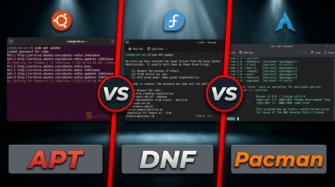 Comparação visual entre os gerenciadores de pacotes APT, DNF e Pacman. Cada um é exibido em um terminal com seus respectivos comandos.