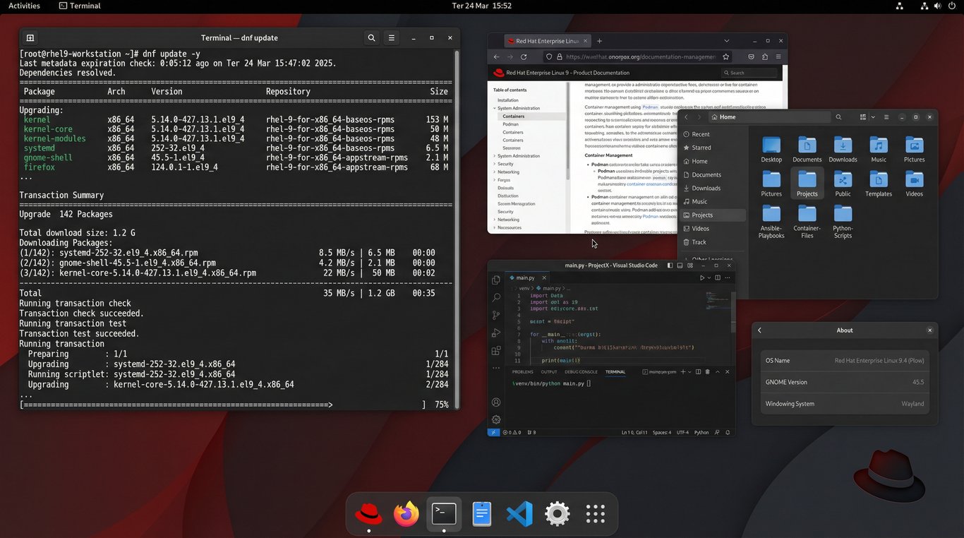 Captura de tela da área de trabalho do Red Hat Enterprise Linux com várias janelas abertas, incluindo um terminal atualizando o sistema, um navegador web, um gerenciador de arquivos e um editor de código.