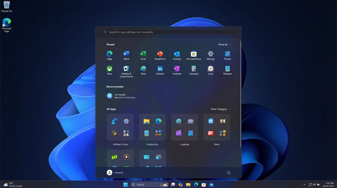 Windows 11 em modo escuro, mostrando a área de trabalho com o menu Iniciar aberto e vários aplicativos fixados na barra de tarefas.