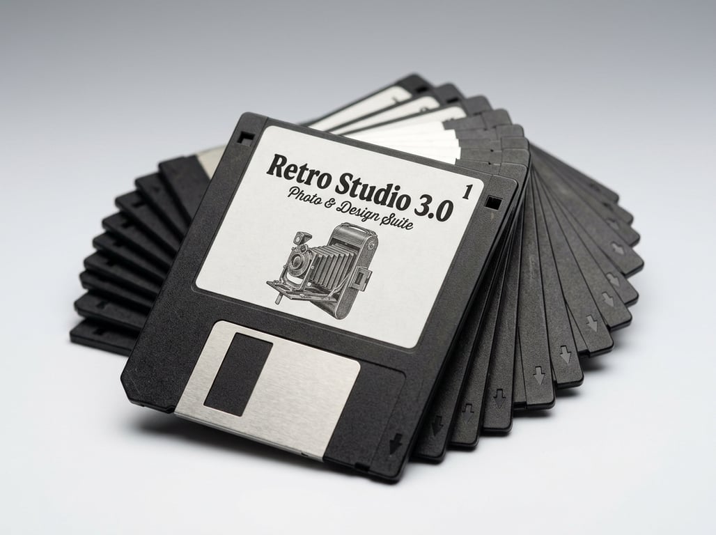 Conjunto de disquetes de 3.5 polegadas, um deles mostrando a etiqueta de instalação do Adobe Photoshop 3.0 para Macintosh.