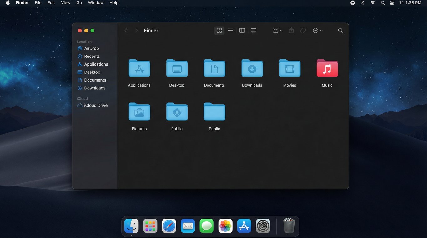 Captura de tela da área de trabalho do macOS no modo escuro, com uma janela do Finder centralizada exibindo as pastas do sistema e o Dock de aplicativos na parte inferior.