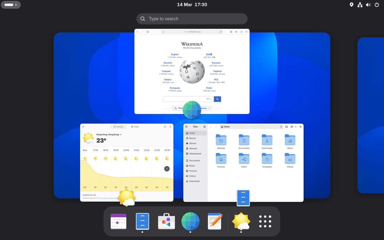 Captura de tela da visão geral de Atividades do ambiente gráfico Linux GNOME, mostrando a barra de pesquisa, a doc de aplicativos inferior e três janelas abertas.