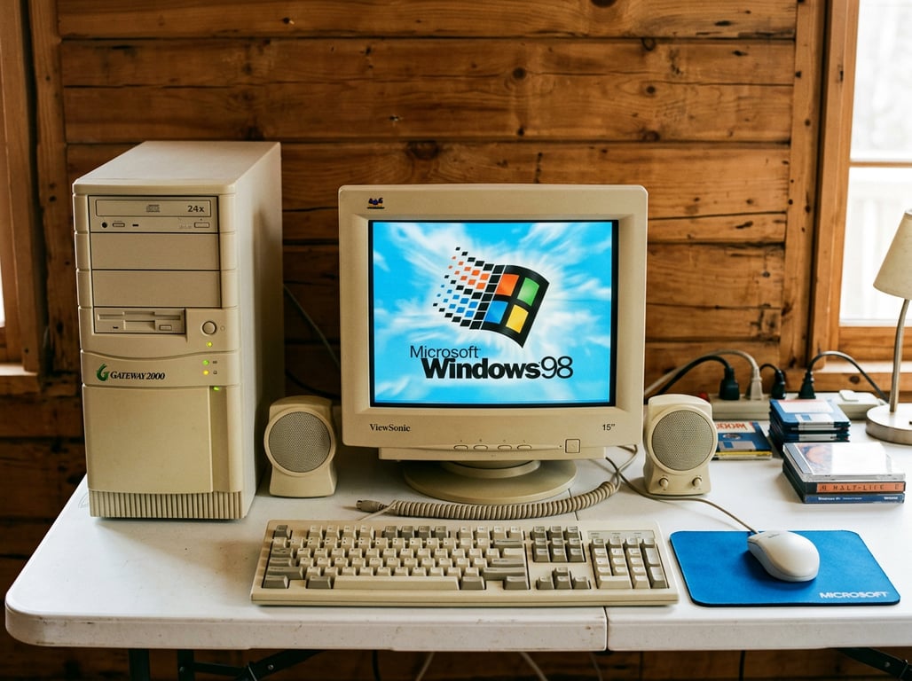 Computador antigo dos anos 90 com monitor de tubo, teclado, mouse e caixas de som sobre uma mesa branca. Na tela, o Windows 95.