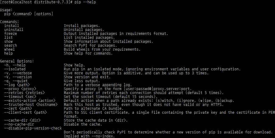 Terminal executando pip help, com a lista de comandos do gerenciador de pacotes Python, como install, uninstall, list e freeze.