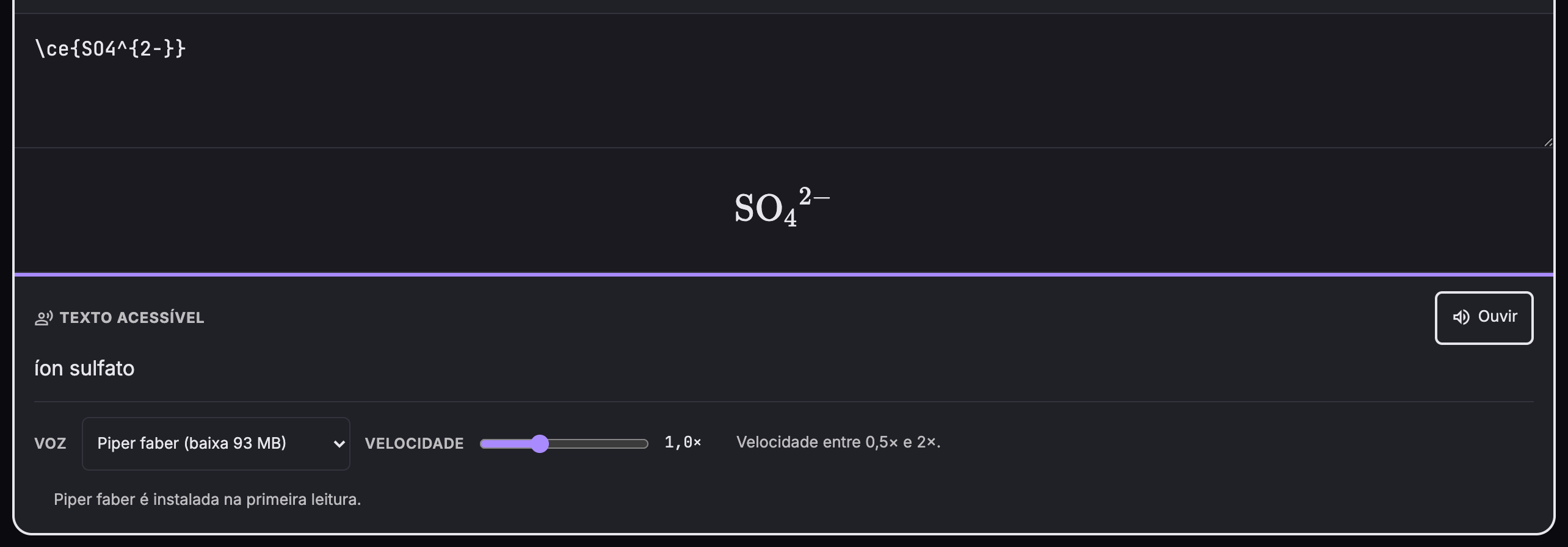 Editor com o código do íon sulfato e a leitura nomeando a espécie química.