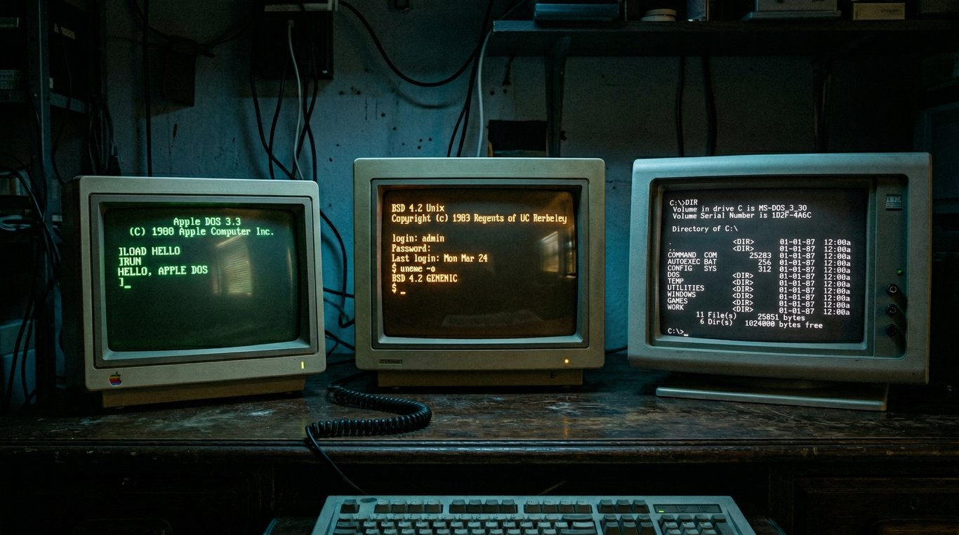 Três monitores CRT vintage sobre uma mesa de madeira em um ambiente escuro, cada um exibindo a interface de linha de comando de um sistema clássico: Apple DOS, BSD Unix e MS-DOS.