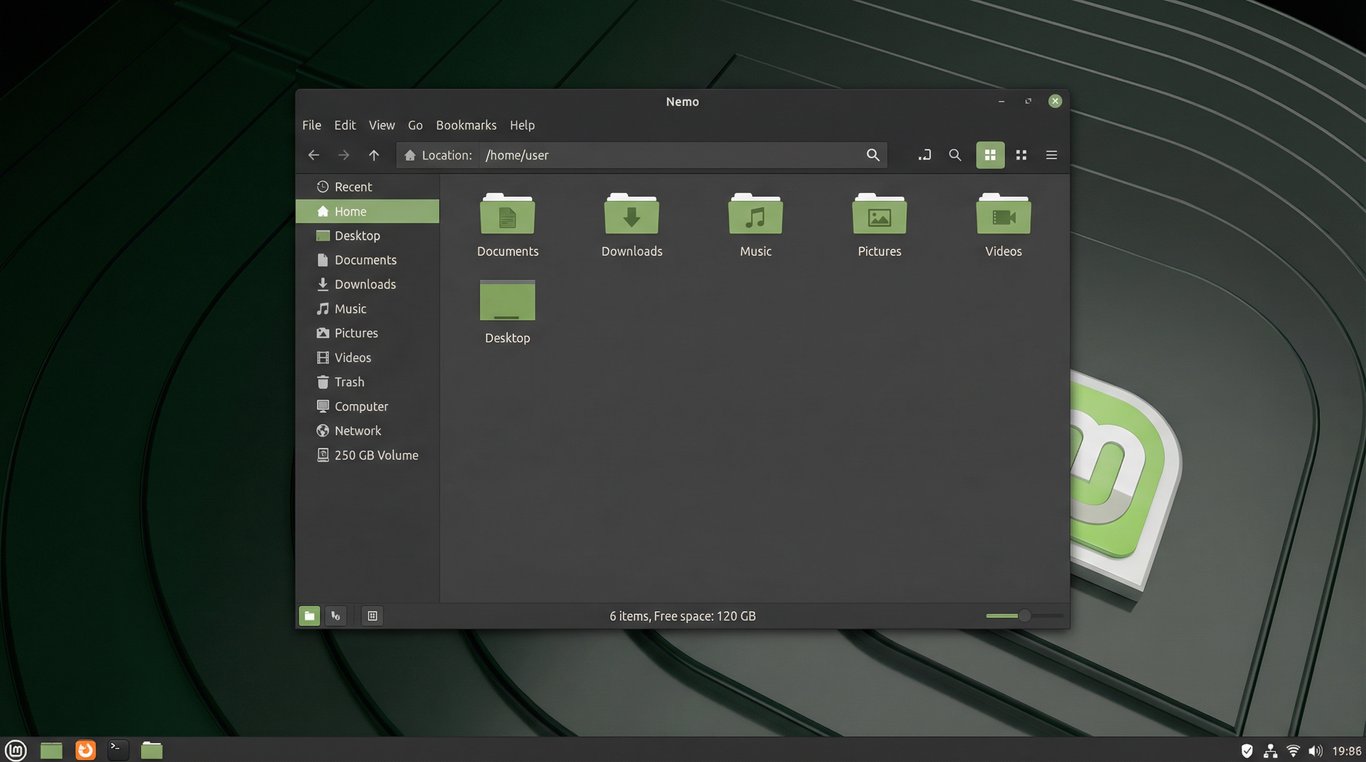 Captura de tela da área de trabalho do Linux Mint no modo escuro, exibindo o gerenciador de arquivos Nemo aberto na pasta do usuário com ícones verdes.