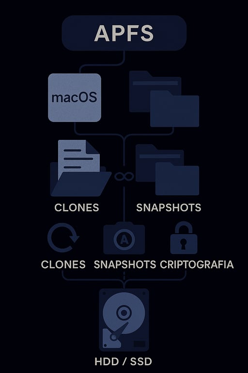 Fluxograma que descreve as funcionalidades do APFS, o sistema de arquivos da Apple. O diagrama mostra o APFS no topo, conectando-se ao macOS e a ícones de pastas e arquivos. Ele destaca os recursos Clones, com um ícone de loop, Snapshots, com ícones de câmera, e Criptografia, com um ícone de cadeado, que são armazenados em um disco rígido rotulado como HDD e SSD na parte inferior.