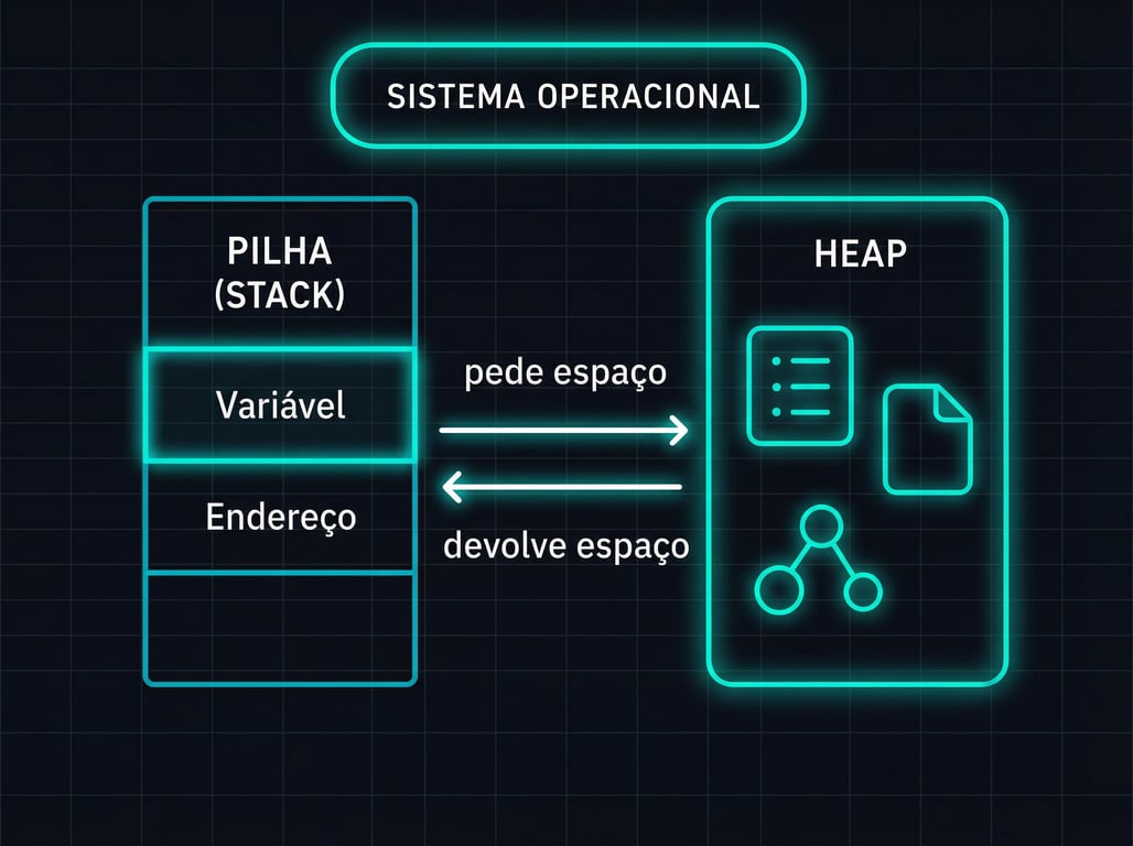 Diagrama que explica o gerenciamento de memória pelo Sistema Operacional, mostrando a Pilha Stack e o Heap. A Pilha é ilustrada com blocos para Variável e Endereço, e uma seta indica que ela pede espaço do Heap. O Heap é mostrado com ícones que representam blocos de dados e estruturas complexas, e uma seta indica que ele devolve espaço para a Pilha.