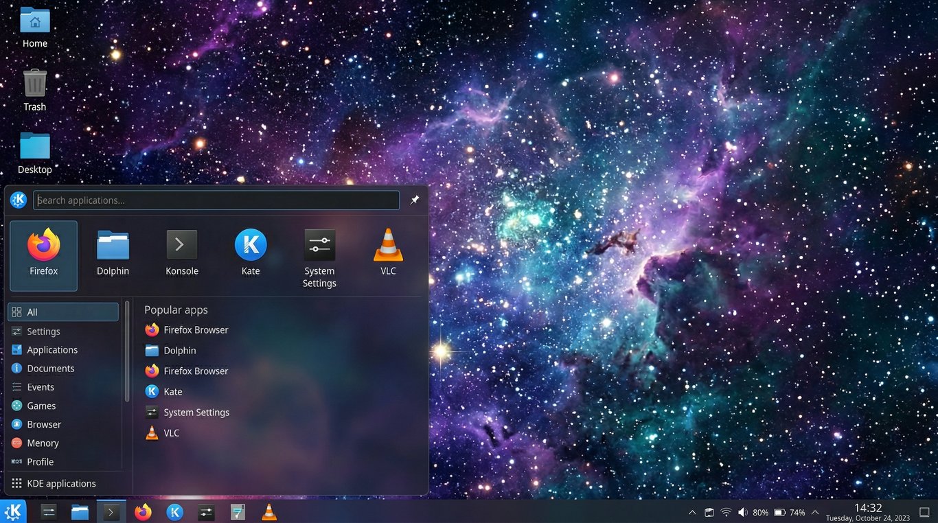 Desktop de um sistema operacional Linux com interface gráfica KDE Plasma com o menu de aplicativos aberto, mostrando uma lista de categorias e ícones favoritos em um plano de fundo artístico.