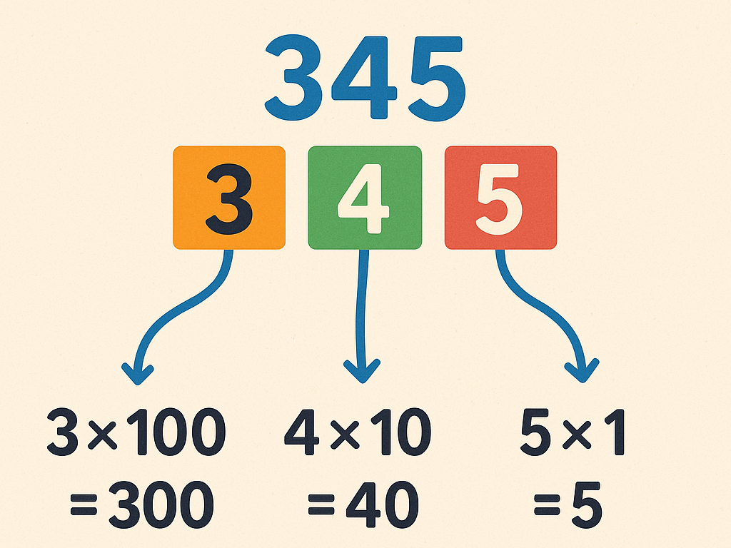 Uma ilustração colorida explicando o valor posicional do número 345 que é decomposto mostrando que o 3 na cor laranja representa 3 vezes 100 igual a 300, o 4 na cor verde representa 4 vezes 10 igual a 40, e o 5 na cor vermelho representa 5 vezes 1 igual a 5, somando para formar 345.