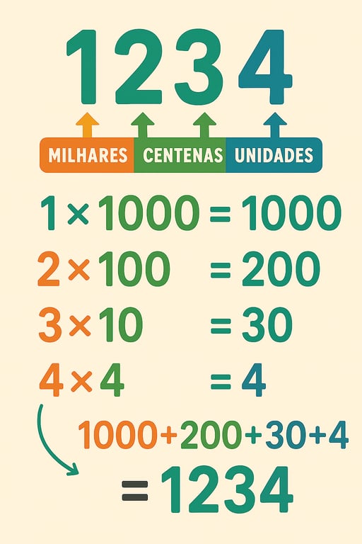 Uma ilustração colorida que demonstra a decomposição do número 1234, mostrando que cada dígito, 1, 2, 3 e 4 representam milhares, centenas, dezenas e unidades, respectivamente, com suas multiplicações correspondentes, 1 vezes 1000, 2 vezes 100, 3 vezes 10, 4 vezes 1 e a soma final resultando em 1234.