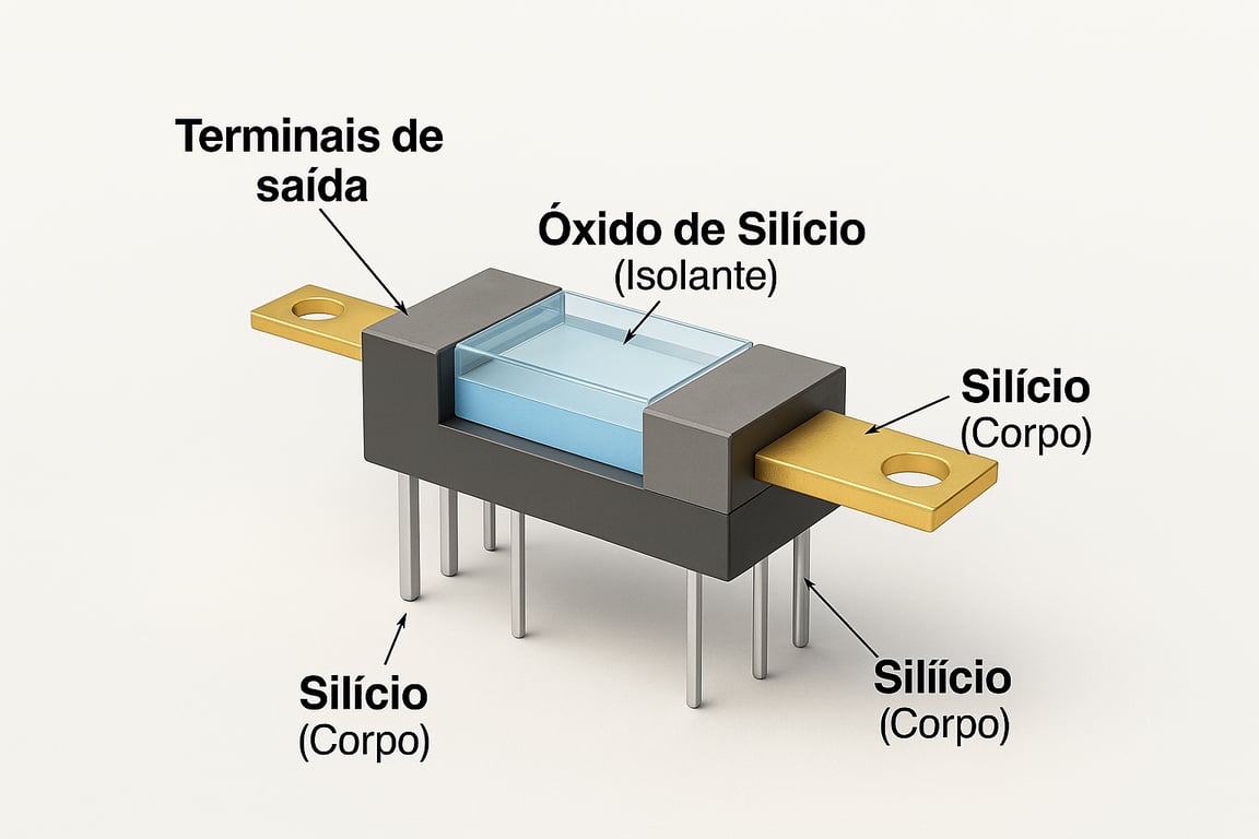Uma ilustração detalhada de um MOSFET mostrando terminais de saída, uma camada de Óxido de Silício que é Isolante no topo e o corpo feito de Silício, com quatro pinos na parte inferior.