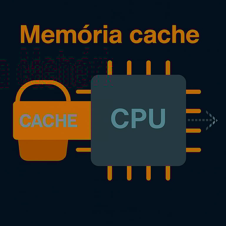 Ilustração que mostra a memória cache dentro do chip da CPU, destacando sua proximidade com os circuitos principais e como ela melhora a velocidade de acesso aos dados.