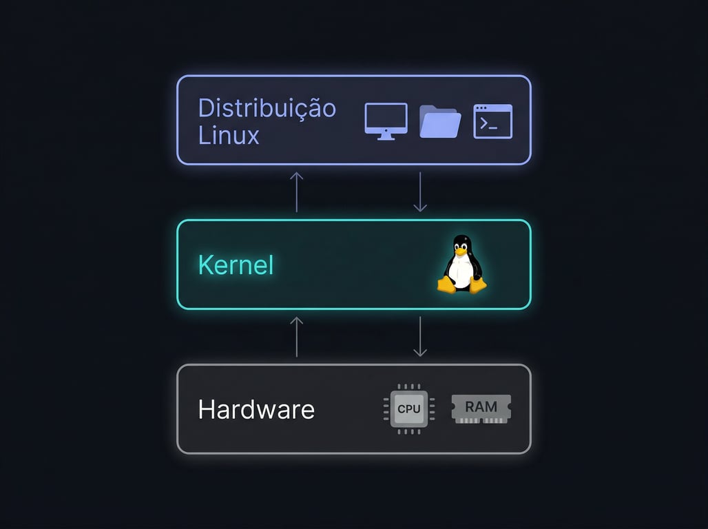 Ilustração representando o Linux como base para diferentes distribuições e interfaces gráficas.