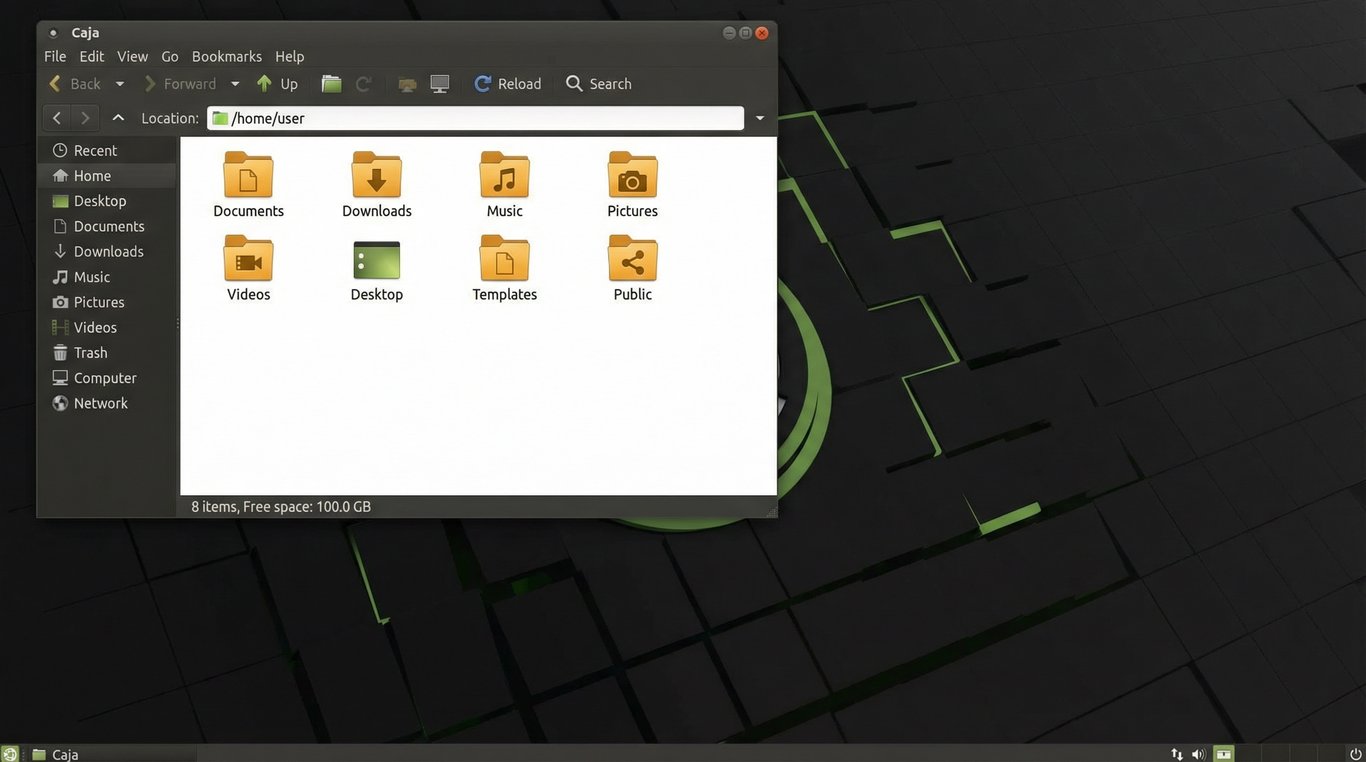 Captura de tela da área de trabalho de um sistema Linux com ambiente MATE, exibindo o gerenciador de arquivos Caja aberto na pasta do usuário.