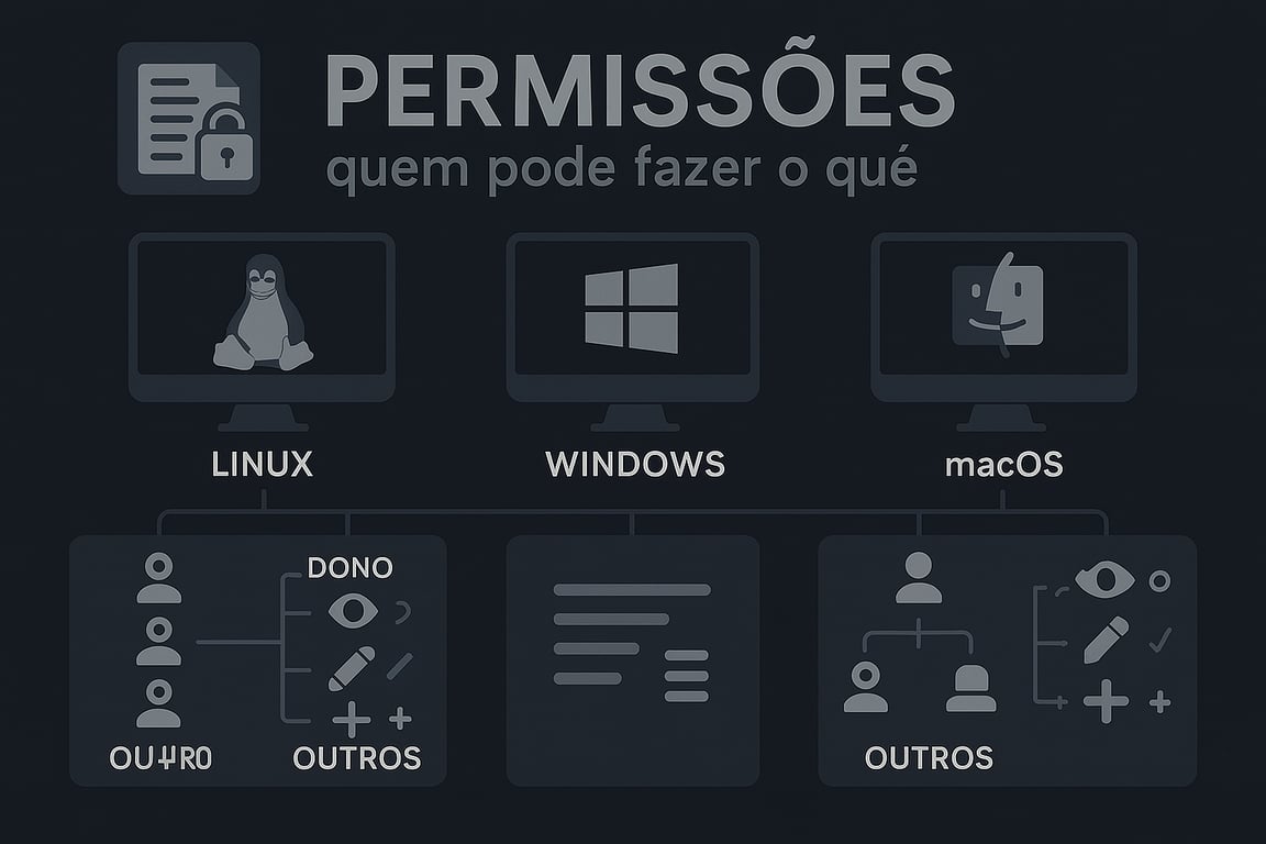Diagrama que compara o gerenciamento de permissões de arquivo em Linux, Windows e macOS. O Linux é representado por um pinguim e mostra um sistema de permissões hierárquico para Dono, Grupo e Outros. O Windows, com o seu logo, é ilustrado com um ícone de lista, sugerindo uma lista de controle de acesso. O macOS, com um ícone de sua marca, mostra um diagrama de árvore com diferentes usuários e suas permissões. Todos os três sistemas são categorizados sob o título Permissões: quem pode fazer o quê.