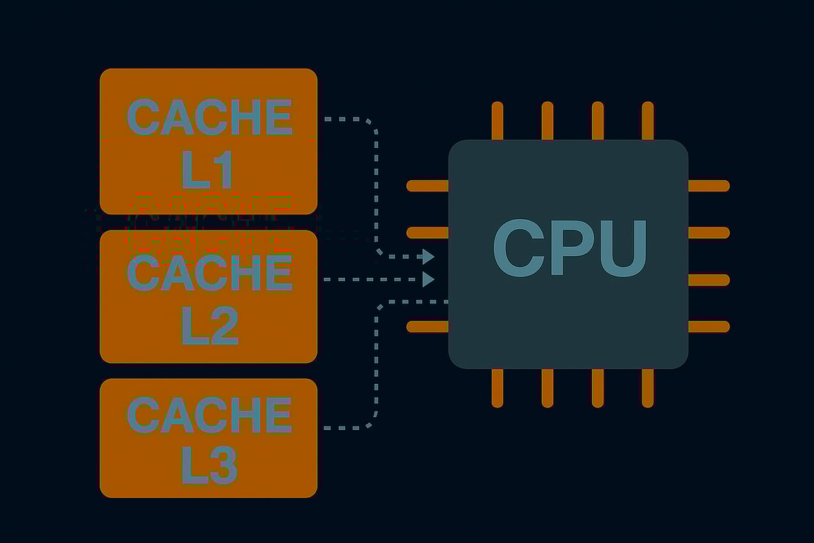 Diagrama que ilustra os diferentes níveis de memória cache, L1, L2 e L3, dentro do chip da CPU, mostrando como cada nível é organizado e sua proximidade com os circuitos principais.