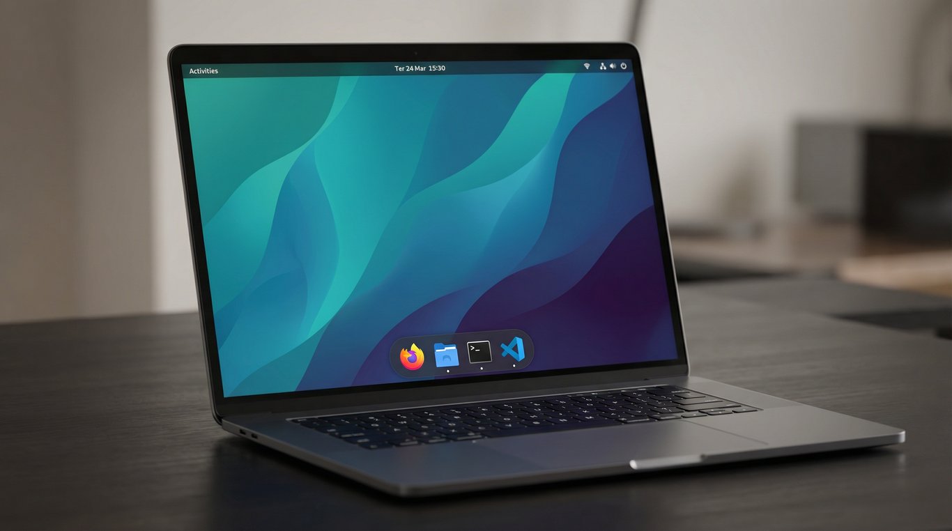 notebook sobre uma mesa de madeira. A tela exibe uma interface gráfica moderna, característica do ambiente GNOME no Linux, com um papel de parede de ondas abstratas em tons de verde e roxo. Na parte inferior central, há uma doc flutuante com os ícones do navegador Firefox, um gerenciador de arquivos, o Terminal e o editor de código Visual Studio Code.