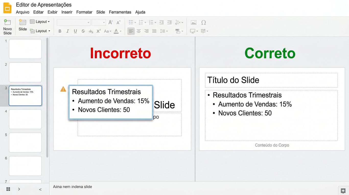Comparativo em editor de apresentações de slides. O método incorreto exibe o conteúdo inserido em uma caixa de texto avulsa e flutuante, enquanto o correto utiliza os espaços reservados nativos de título e corpo do layout do slide.