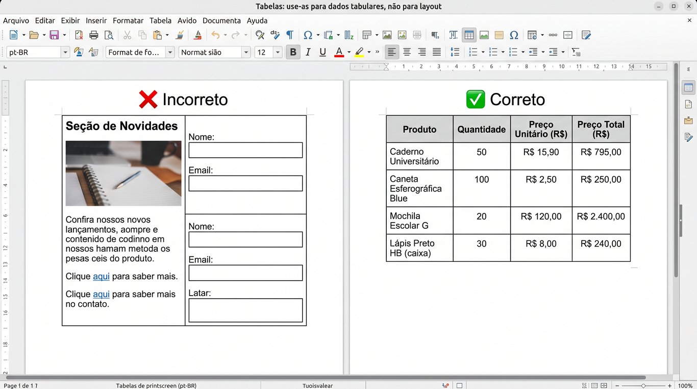 Comparativo sobre o uso de tabelas: o exemplo incorreto mostra uma tabela sendo usada para forçar o layout visual de uma página com imagens e formulários, enquanto o correto exibe uma tabela organizando dados relacionais de produtos e preços.