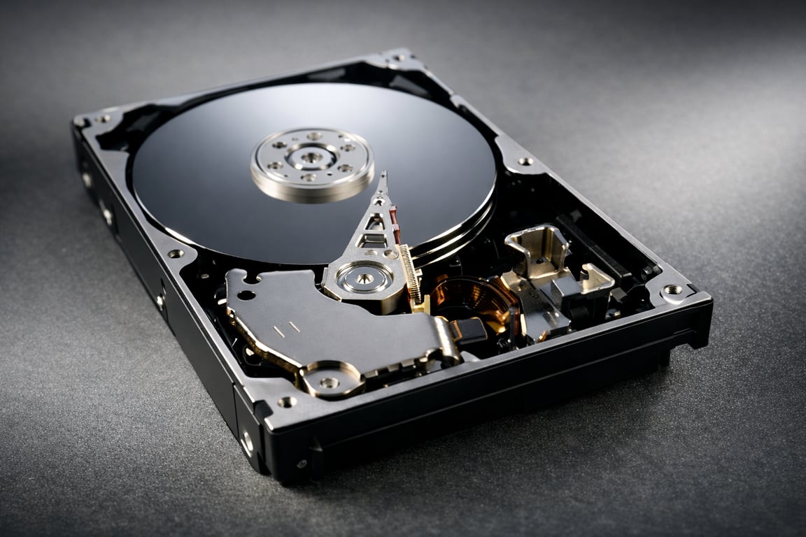 Imagem de um disco rígido (HD) aberto, mostrando o disco interno e a agulha de leitura e gravação. O disco é um círculo metálico brilhante, enquanto a agulha é uma peça fina e delicada que se move sobre a superfície do disco.