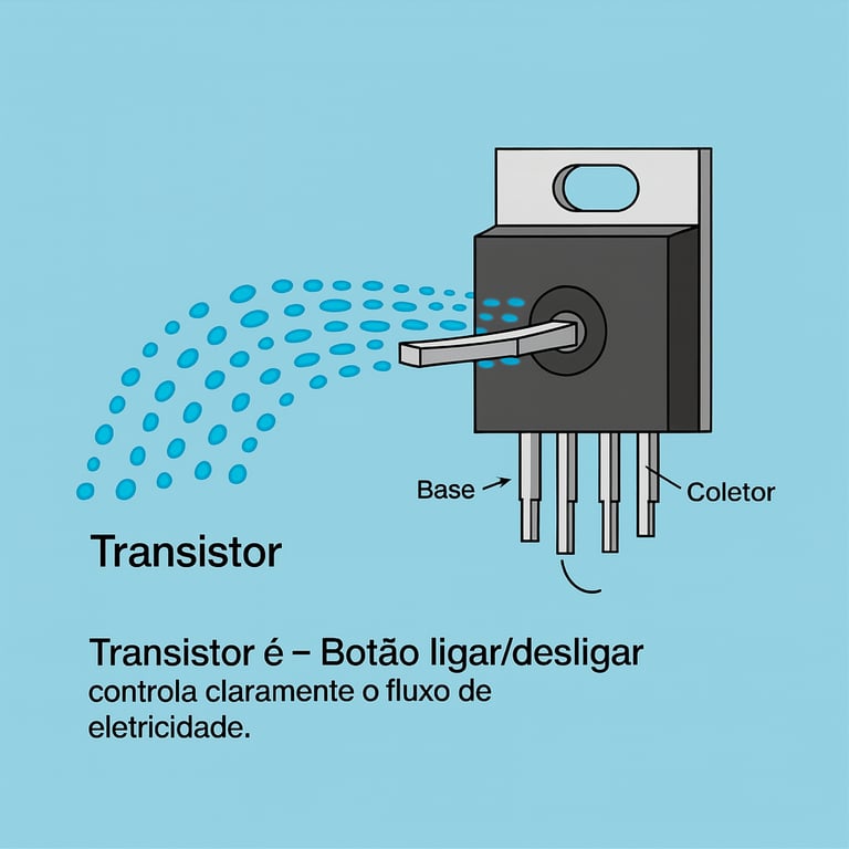 Ilustração de um transistor de potência com pinos identificados como Base e Coletor, e uma legenda que o descreve como um botão ligar e desligar que controla o fluxo de eletricidade.