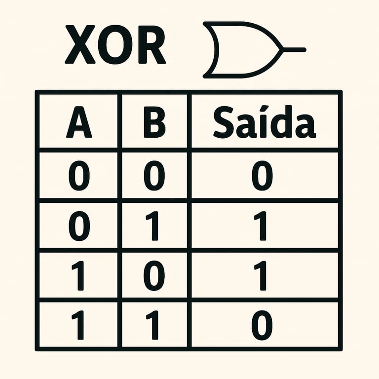 Uma imagem mostrando o símbolo da porta lógica OU Exclusivo, XOR, e sua tabela de possibilidades de saída. A tabela tem colunas para as entradas A e B, e para a Saída, exibindo que a saída é 1 quando apenas uma das entradas A ou B é 1. Se as duas entradas forem 0 ou se as duas forem 1, a saída é 0.