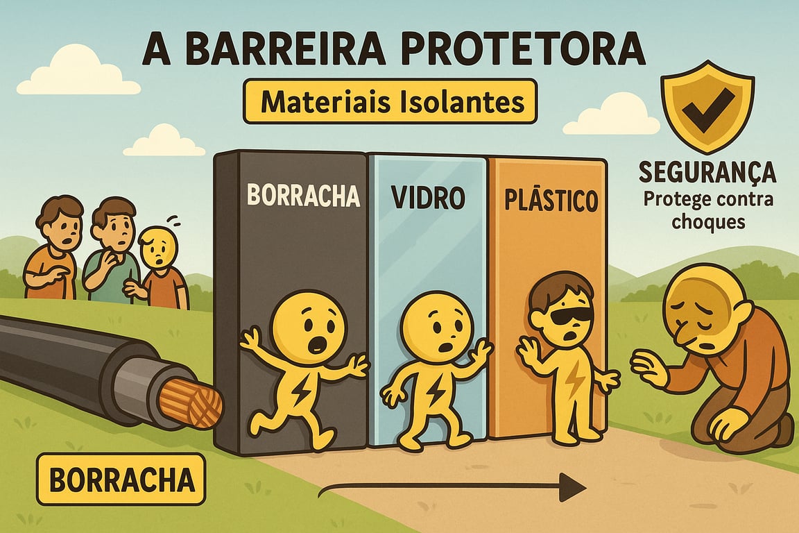 Ilustração de raios de energia sendo impedidos de passar por barreiras feitas de borracha e vidro, representando a função dos isolantes elétricos que protegem contra choques.