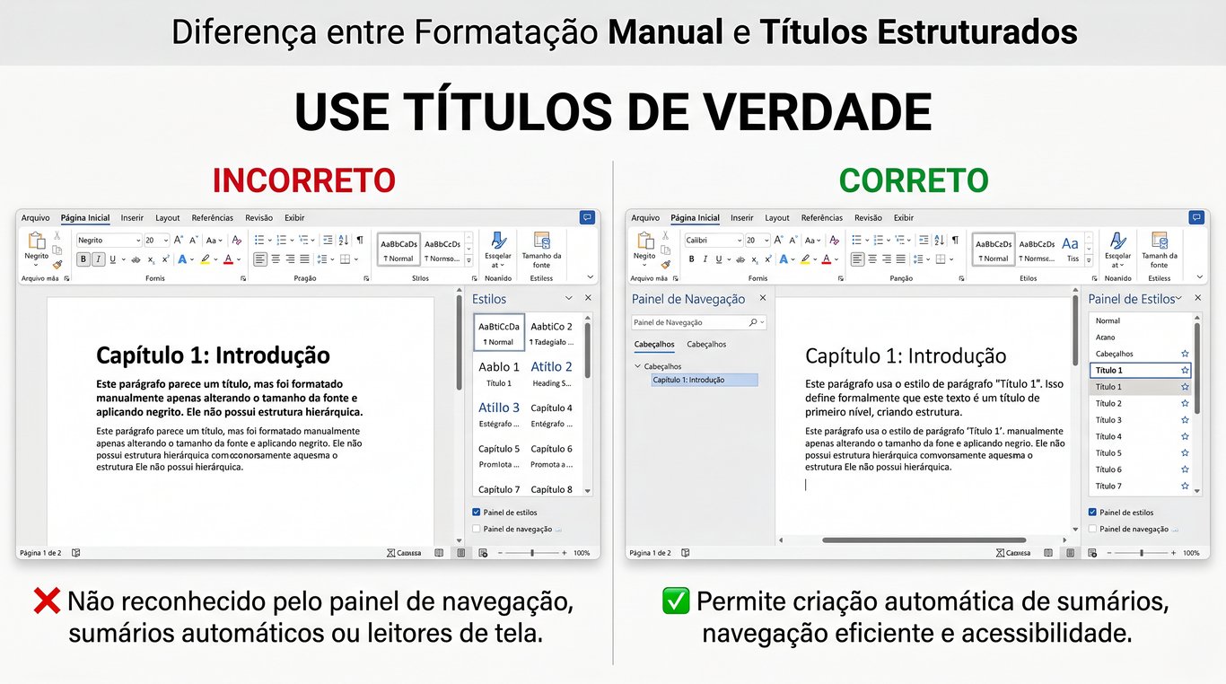 Comparativo entre a formatação visual manual que não é reconhecida por leitores de tela enquanto o uso correto de estilos de título cria uma estrutura acessível e navegável.