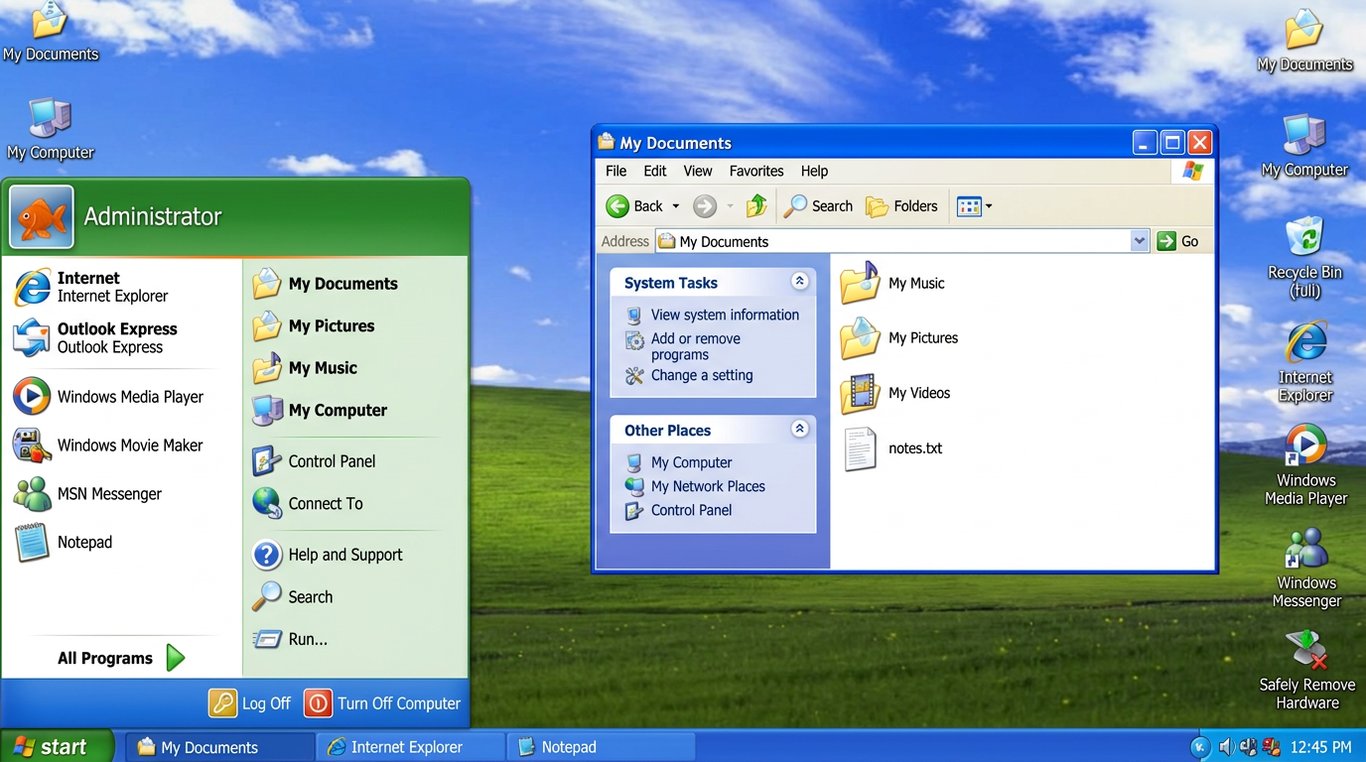 Captura de tela da área de trabalho do clássico Windows XP, mostrando o icônico papel de parede das colinas verdes, o Menu Iniciar aberto e a pasta Meus Documentos.