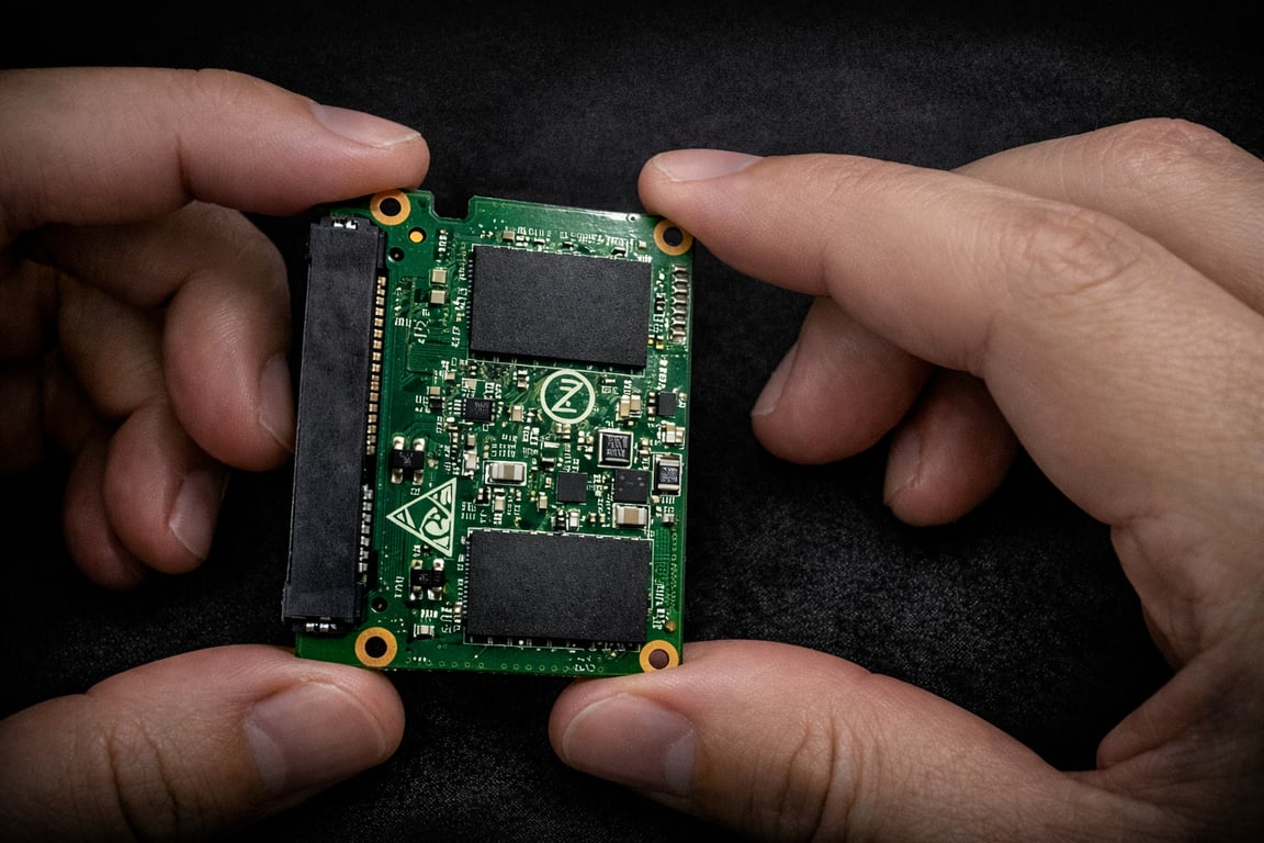 SSD aberto, mostrando as células de memória organizadas em páginas e blocos, com destaque para o controlador que gerencia a leitura e gravação dos dados.