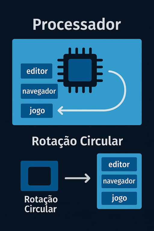 Diagrama sobre a alocação de tempo do processador. A parte superior mostra um processador no centro, e os blocos de aplicativos editor, navegador e jogo são executados em um ciclo, ilustrando como o processador alterna entre eles. A parte inferior da imagem repete o conceito com a frase Rotação Circular, mostrando a troca de um único bloco, que representa o processador, entre os mesmos três aplicativos editor, navegador e jogo.