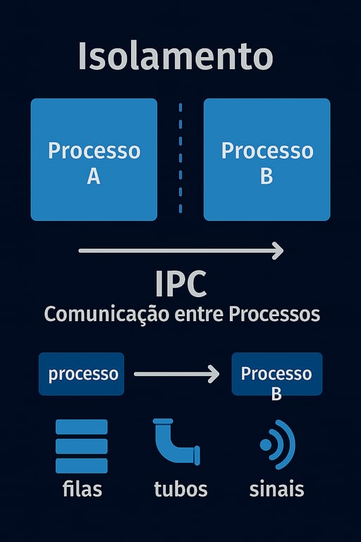 Diagrama que ilustra o conceito de Isolamento e Comunicação entre Processos IPC. A parte superior mostra dois blocos, Processo A e Processo B, separados por uma linha pontilhada, indicando isolamento. A parte inferior da imagem descreve a Comunicação entre Processos, IPC, mostrando uma seta que conecta um processo ao Processo B, com ícones e rótulos para filas, tubos e sinais como métodos para essa comunicação.