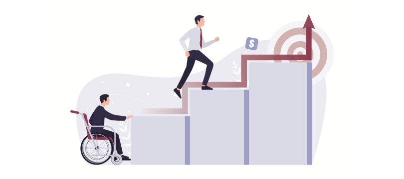 Ilustração de dois homens tentando alcançar o topo de uma escada que leva a uma meta representada por um alvo e um ícone de dinheiro. Um deles está subindo os degraus correndo, enquanto o outro, que usa cadeira de rodas, encontra uma barreira no primeiro degrau, simbolizando falta de equidade de oportunidades.