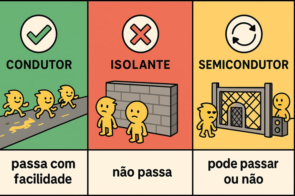 Ilustração que compara semicondutores com condutores e isolantes, mostrando como eles podem conduzir ou bloquear a eletricidade dependendo da situação. São três colunas organizadas, a primeira é o condutor, que tem fundo verde, estrada livre e a energia está fluindo. A segunda são os isolantes, que tem fundo vermelho, um muro protetor na estrada e a energia está bloqueada. E a terceira coluna são os semicondutores, que tem fundo amarelo, um portão eletrônico e a energia passa as vezes se o portão estiver aberto.