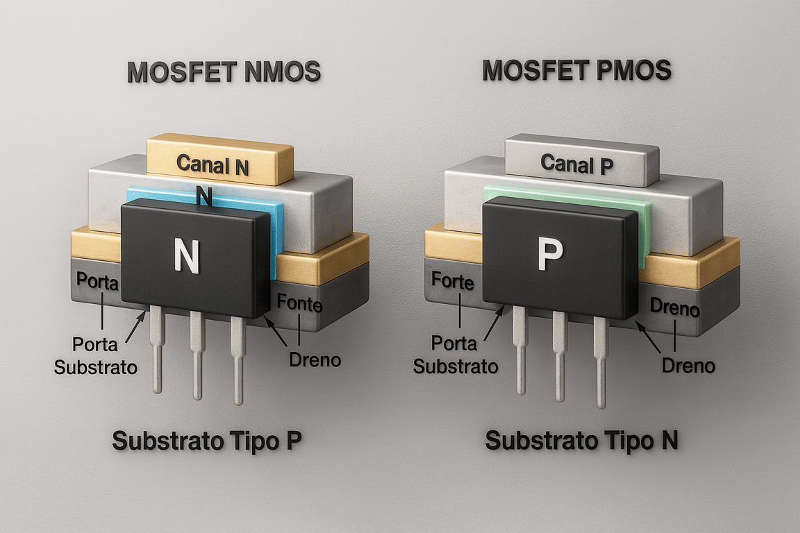 Uma comparação lado a lado de dois MOSFETs um NMOS com Canal N e Substrato Tipo P e um PMOS com Canal P e Substrato Tipo N, mostrando suas estruturas internas e pinos de Porta, Fonte, Dreno e Substrato.