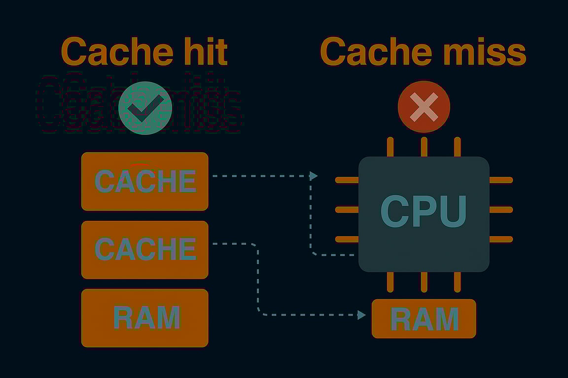 Diagrama que ilustra o processo de cache hit e cache miss, mostrando como a CPU verifica a memória cache antes de acessar a RAM.