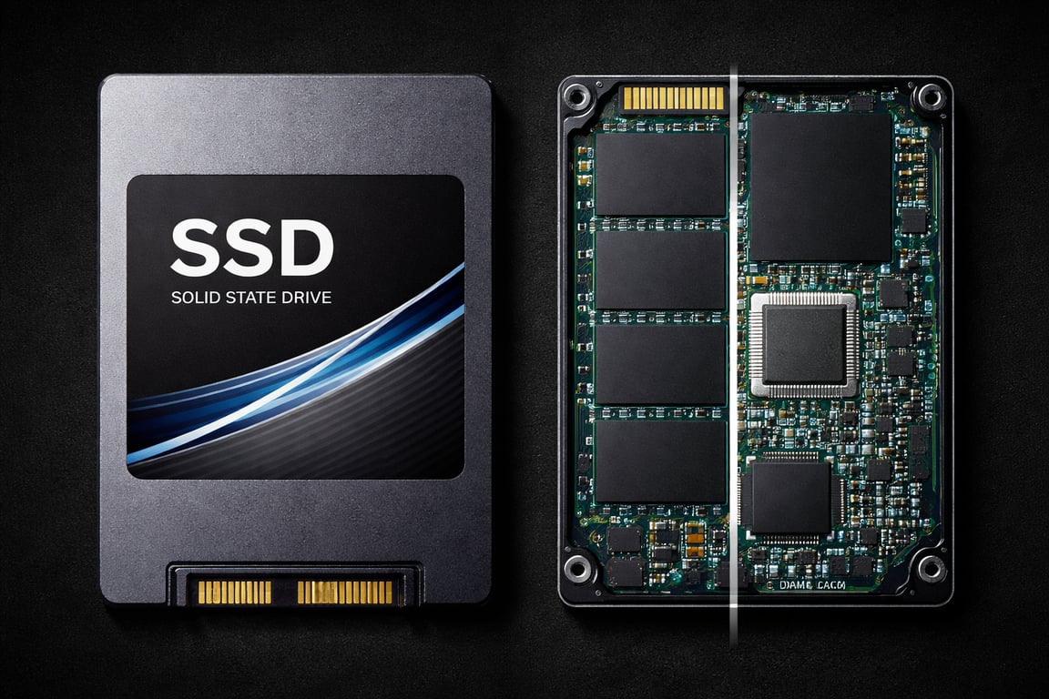 Imagem da parte externa de um SSD, mostrando a carcaça metálica e as entradas de conexão.