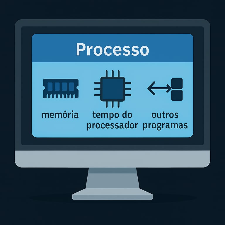 Ilustração de um monitor de computador exibindo um diagrama sobre o conceito de Processo. O diagrama mostra três recursos principais que um processo utiliza, memória, representada por um chip de RAM, tempo do processador, representado por um chip de CPU e outros programas, representado por um ícone de setas de comunicação. A palavra Processo é o título central na parte superior da tela.