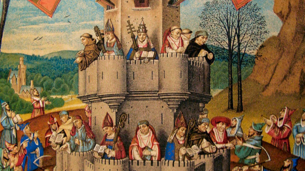 Ilustração medieval representando uma torre fortificada com diversas figuras, incluindo líderes religiosos e estudiosos, posicionados dentro e fora da estrutura. O cenário apresenta vegetação exuberante, edifícios ao fundo e um céu claro. As figuras realizam atividades como leitura e conversas, sugerindo um encontro de intelectuais ou um conselho.