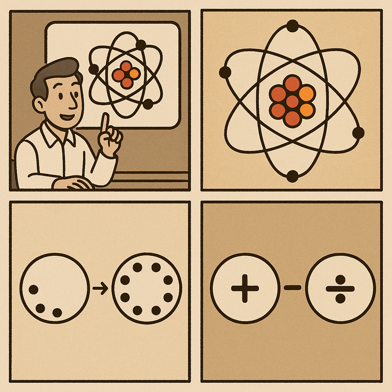 Ilustração dividida em 4 painéis sobre conceitos científicos. no painel superior esquerdo há um professor mostrando um átomo. No painel superior direito há um diagrama detalhado de um átomo. No painel inferior esquerdo há evolução de 3 pontos para 6 pontos dentro de um círculo. No painel inferior direito há símbolos de mais, menos e divisão.