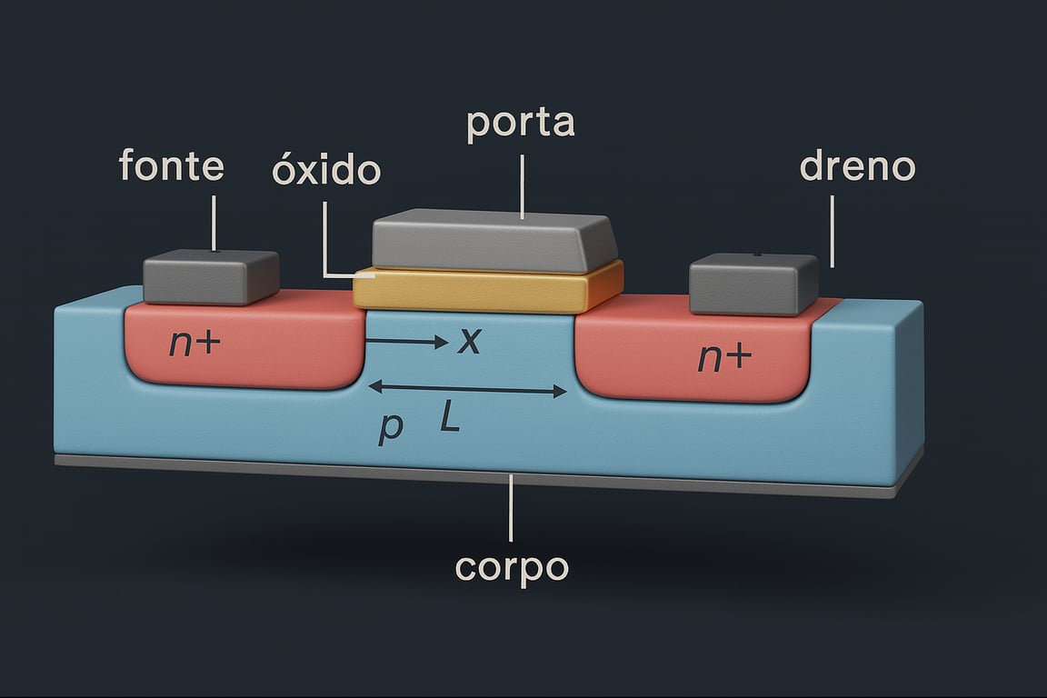 Diagrama esquemático de um transistor MOSFET.