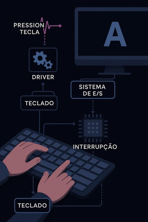 Fluxograma detalhado de uma interrupção de hardware. Uma ilustração de um teclado mostra uma pessoa digitando. Uma linha aponta de PRESSIONAR TECLA para um diagrama de ondas, que representa um sinal de interrupção. O sinal leva ao DRIVER, que se comunica com o TECLADO e o SISTEMA DE ENTRADA E SAÍDA. Uma seta do teclado aponta para um chip de processador rotulado como INTERRUPÇÃO, que então se conecta ao SISTEMA DE ENTRADA E SAÍDA. A partir daí, o fluxo de dados vai para um monitor que exibe a letra A, representando o resultado final da interrupção.