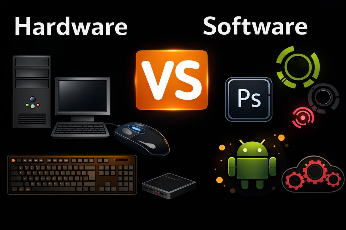 Uma imagem dividida na vertical, cortada no meio de cima para baixo, mostrando a diferença entre hardware à esquerda, com ilustrações de um computador, monitor, teclado, mouse e disco rígido e do Software que está à direita, com ícones que representam programas como Photoshop, Android e computação em nuvem.