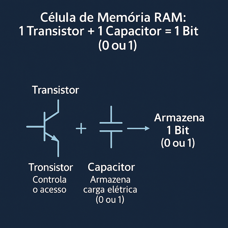 Uma Célula de Memória RAM, mostrando que a combinação de um Transistor, que controla o acesso e um Capacitor, que armazena a carga elétrica, equivale a 1 Bit de informação que pode ser 0 ou 1.