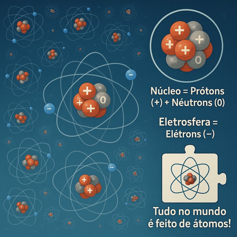 Ilustração que mostra a estrutura de um átomo, com destaque para o núcleo e a eletrosfera.