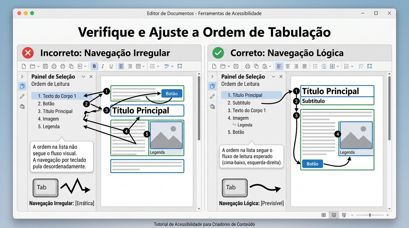 Comparativo de ordem de tabulação: o método incorreto mostra a navegação pela tecla Tab pulando de forma errática e desordenada pelos elementos da página. O método correto exibe o painel de seleção ajustado para que o foco do teclado siga uma sequência lógica e previsível de cima para baixo.